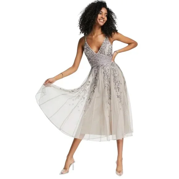 ASOS Design Floral Sequin Embellished Midi Dress Womens 6 Formal - Picture 3 of 10